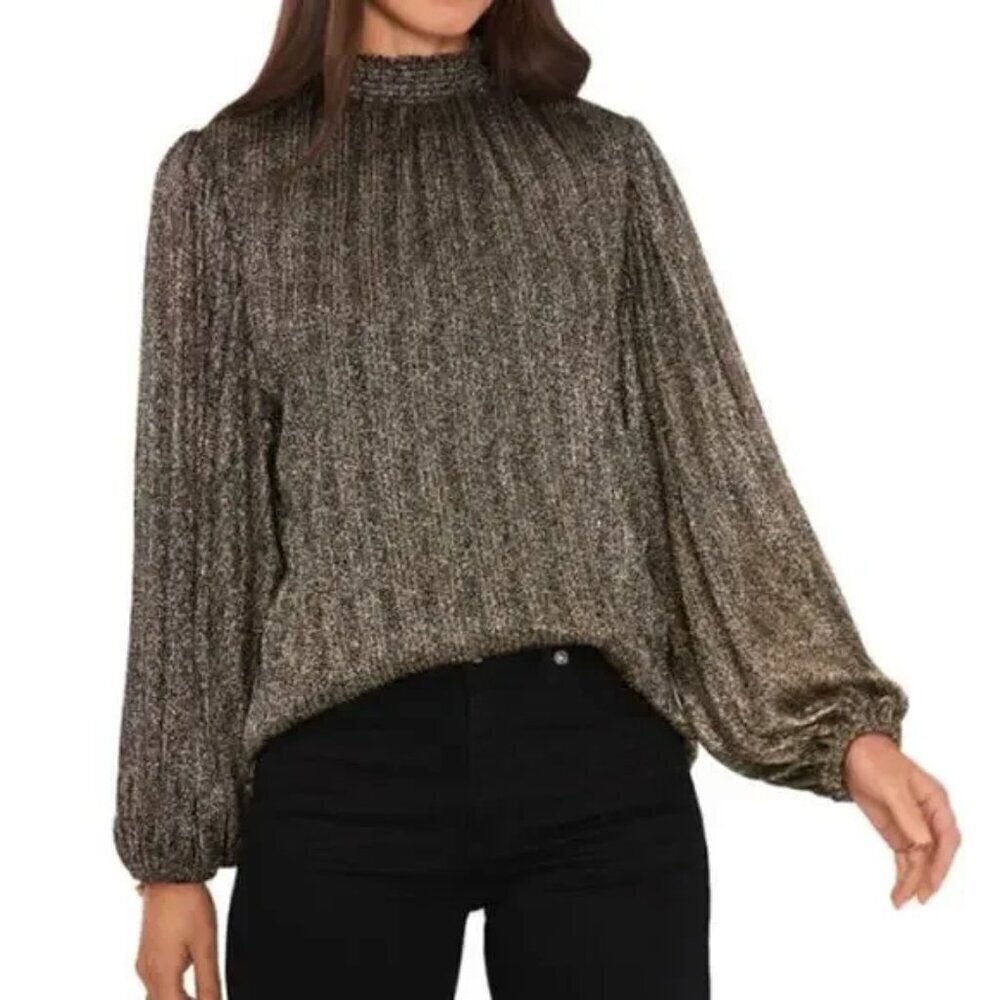 Vince Camuto Blouse Top Smocked Neck Long Puff Sleeve Black Gold